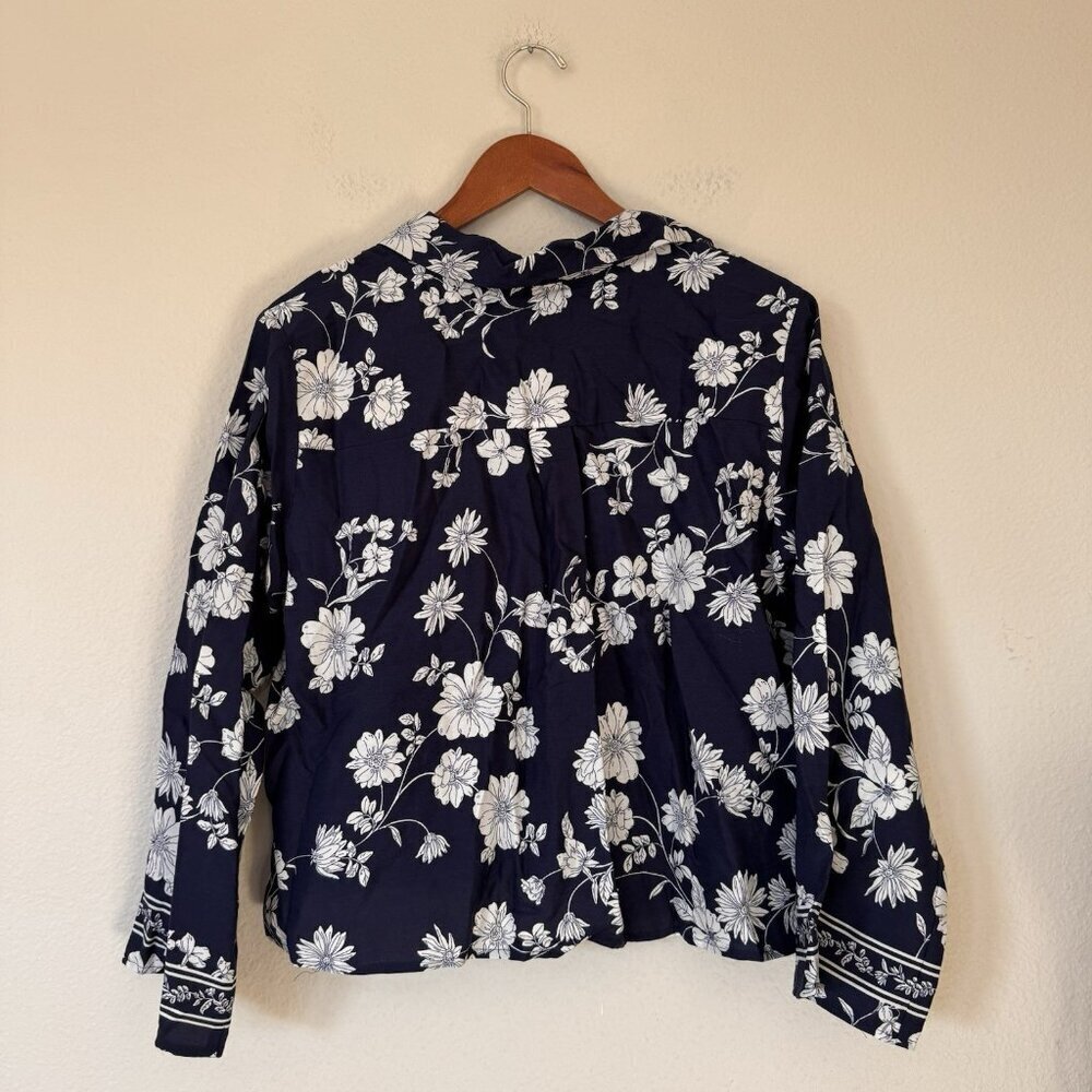 LOFT Womens Size MP Blue Floral Easy Print Split Neck Blouse Lyocell - Picture 10 of 10